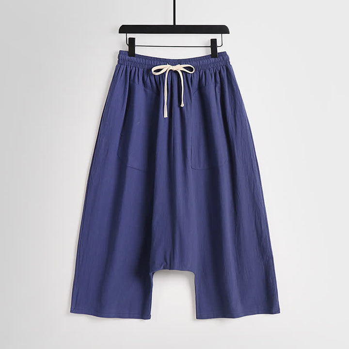 Buddha Stones シンプルなドロップクロッチデザインのコットンリネン製メンズハーレムパンツ（丈7-8インチ） - インジゴ - US/UK/AU54、 EU64 (9XL) - image 12