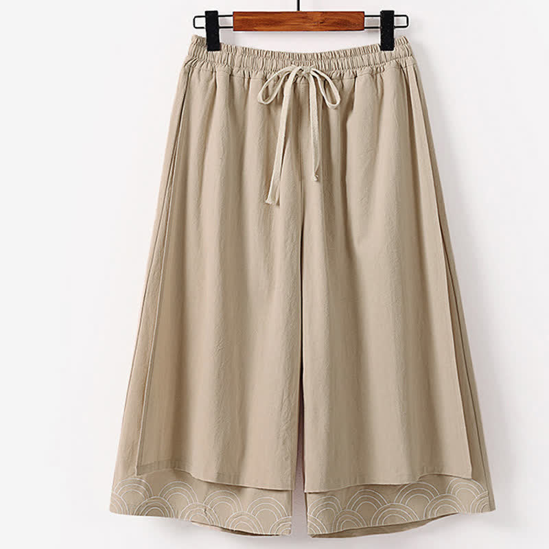 Buddha Stones 夏物刺繍入りカプリ丈コットンリネンメンズワイドレッグパンツ（ポケット付き） - タン - US/UK/AU50、 EU60 (7XL) - image 4