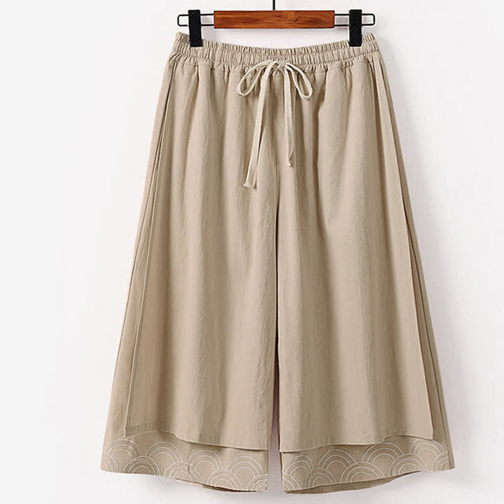Buddha Stones 夏物刺繍入りカプリ丈コットンリネンメンズワイドレッグパンツ（ポケット付き） - タン - US/UK/AU50、 EU60 (7XL) - image 4