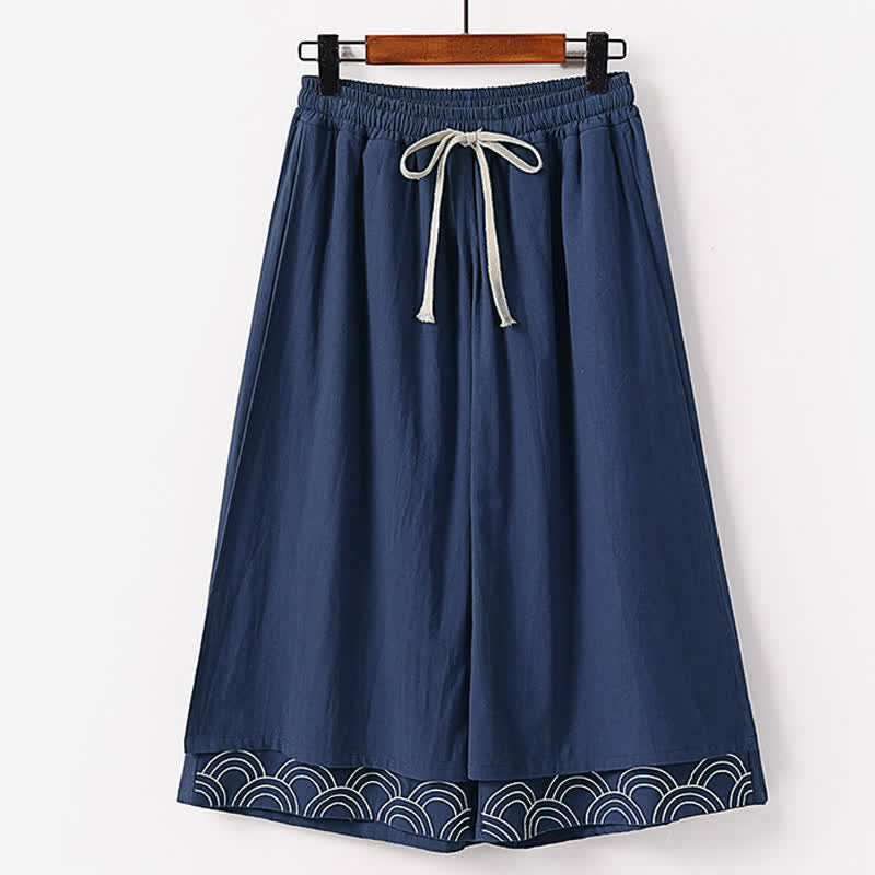 Buddha Stones 夏物刺繍入りカプリ丈コットンリネンメンズワイドレッグパンツ（ポケット付き） - 海軍 - US/UK/AU50、 EU60 (7XL) - image 0