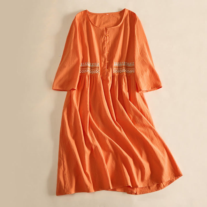 Buddha Stones刺繍幾何学模様半袖レディースミディドレス（ポケット付き） - image 0