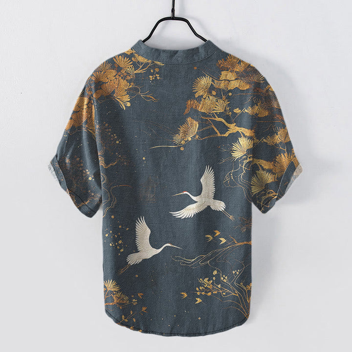 Buddha Stones コットンパインツリーと白鶴柄のメンズ半袖ハーフボタンシャツ - image 5