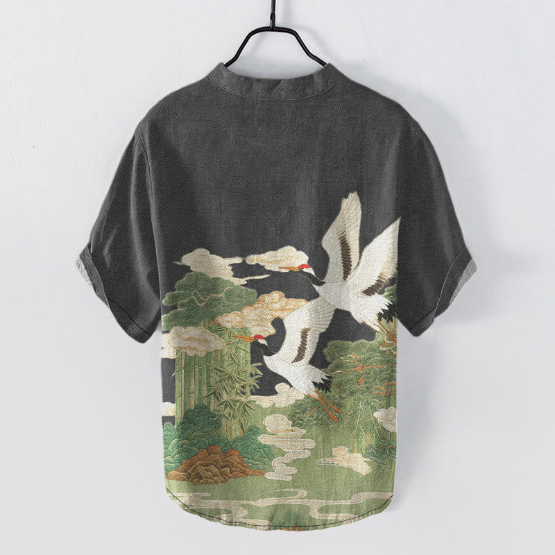 Buddha Stones 綿鶴と吉祥雲の風景柄 メンズ半袖ハーフボタンシャツ - image 5