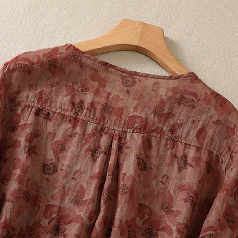 Buddha Stones 通勤用花柄クルーネックプリーツデザインパフスリーブ半袖レディースTシャツ - image 15