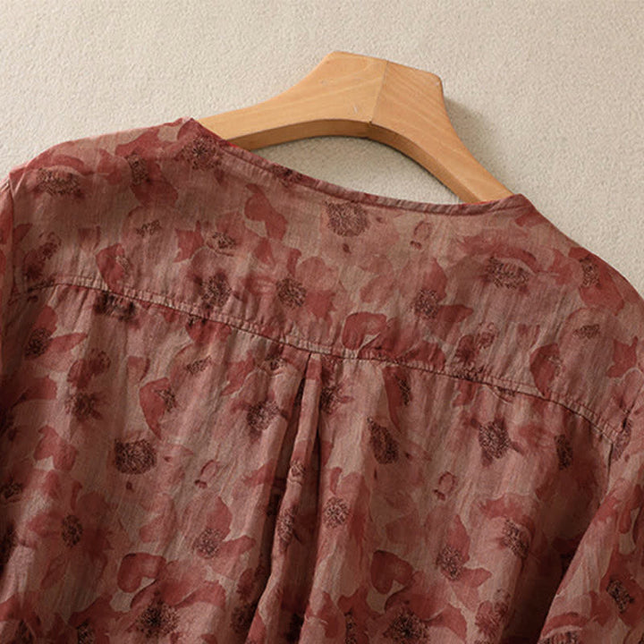 Buddha Stones 通勤用花柄クルーネックプリーツデザインパフスリーブ半袖レディースTシャツ - image 15
