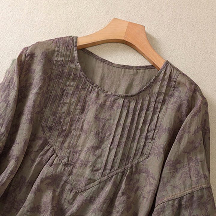 Buddha Stones 通勤用花柄クルーネックプリーツデザインパフスリーブ半袖レディースTシャツ - image 20