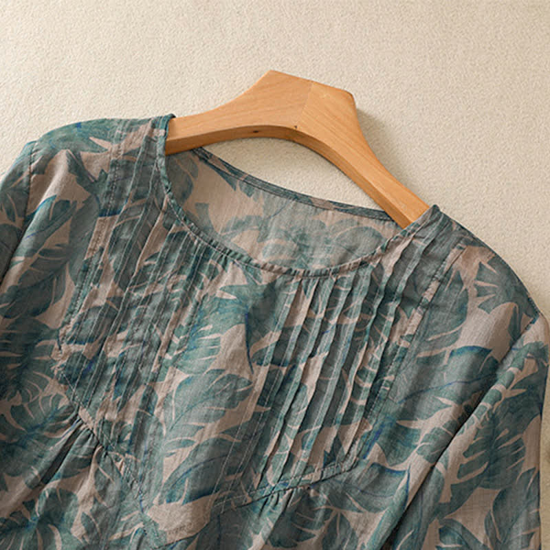 Buddha Stones 通勤用花柄クルーネックプリーツデザインパフスリーブ半袖レディースTシャツ - image 4