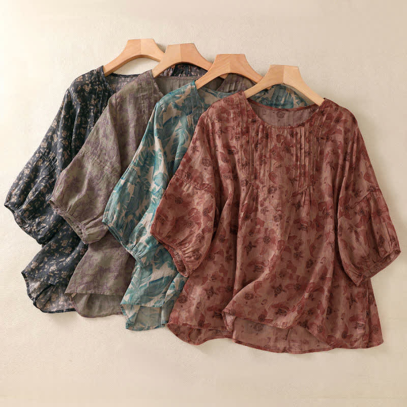Buddha Stones 通勤用花柄クルーネックプリーツデザインパフスリーブ半袖レディースTシャツ - image 23