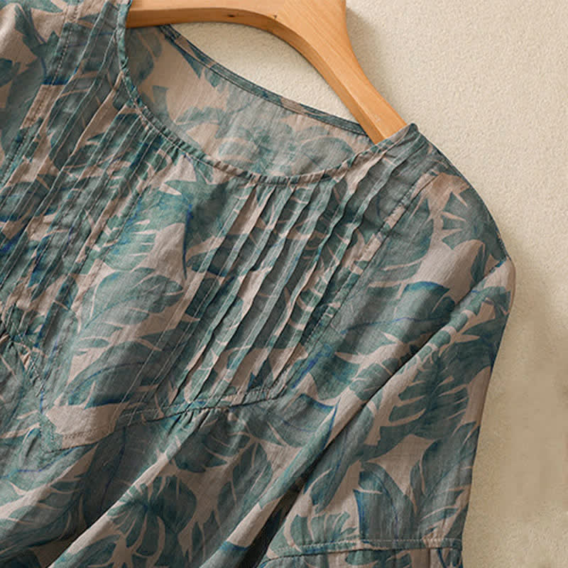 Buddha Stones 通勤用花柄クルーネックプリーツデザインパフスリーブ半袖レディースTシャツ - image 3