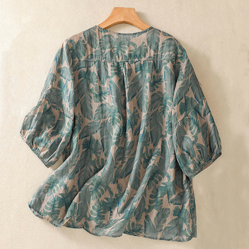 Buddha Stones 通勤用花柄クルーネックプリーツデザインパフスリーブ半袖レディースTシャツ - image 1