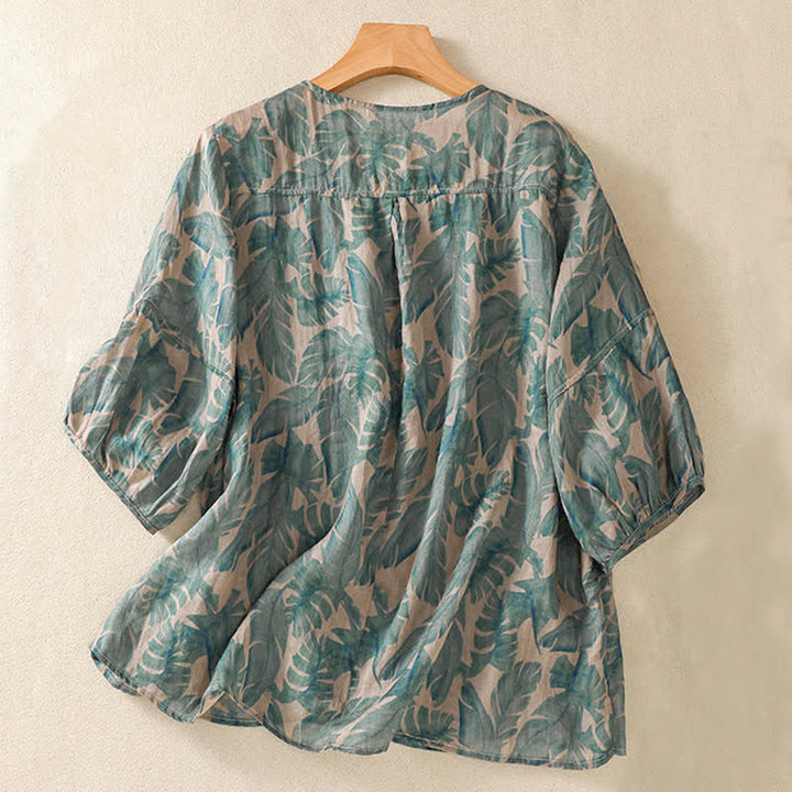 Buddha Stones 通勤用花柄クルーネックプリーツデザインパフスリーブ半袖レディースTシャツ - image 1