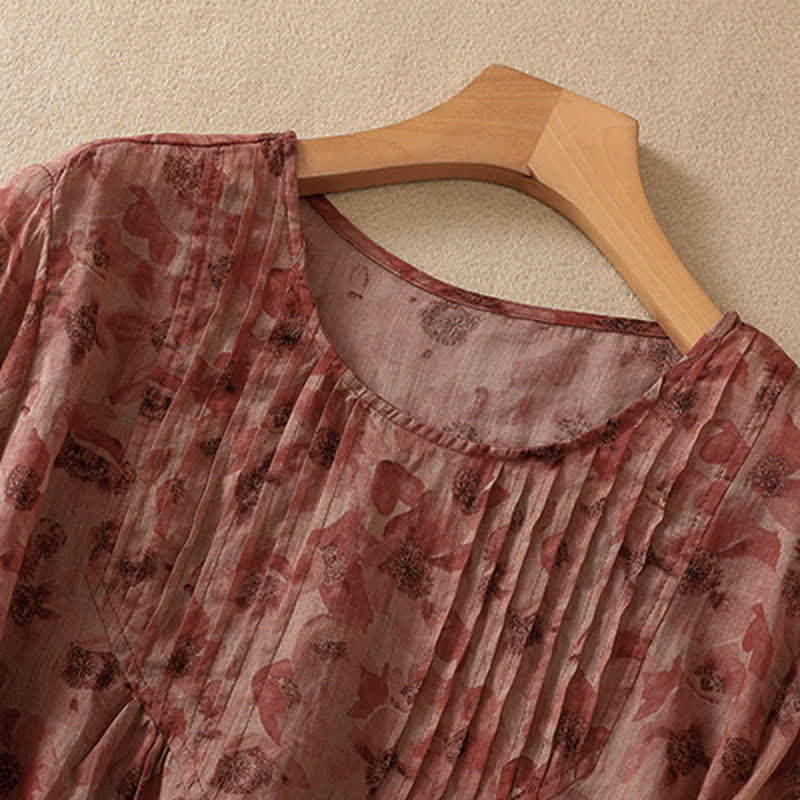 Buddha Stones 通勤用花柄クルーネックプリーツデザインパフスリーブ半袖レディースTシャツ - image 14