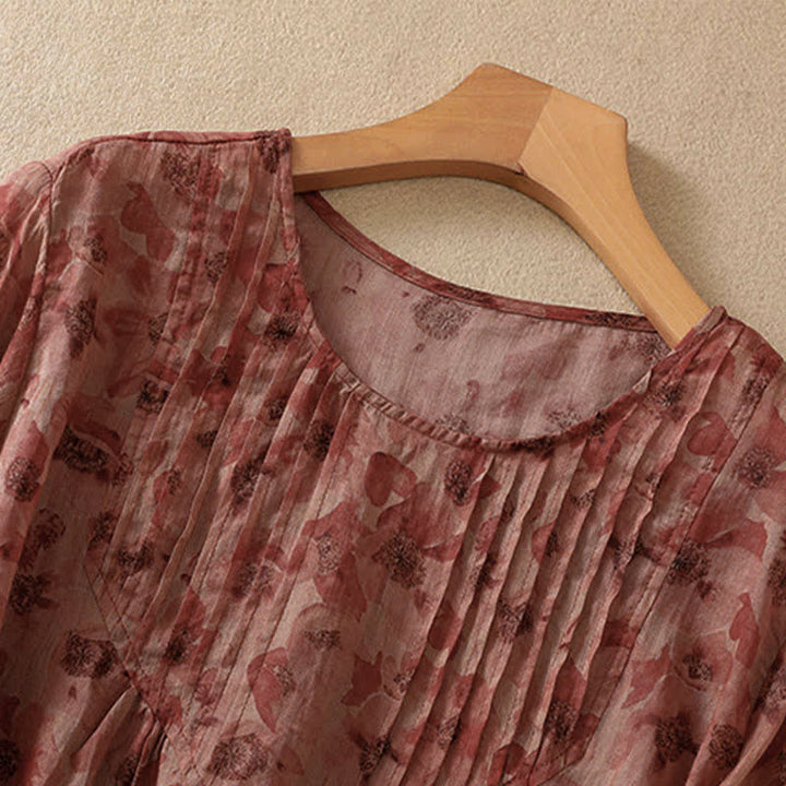 Buddha Stones 通勤用花柄クルーネックプリーツデザインパフスリーブ半袖レディースTシャツ - image 14
