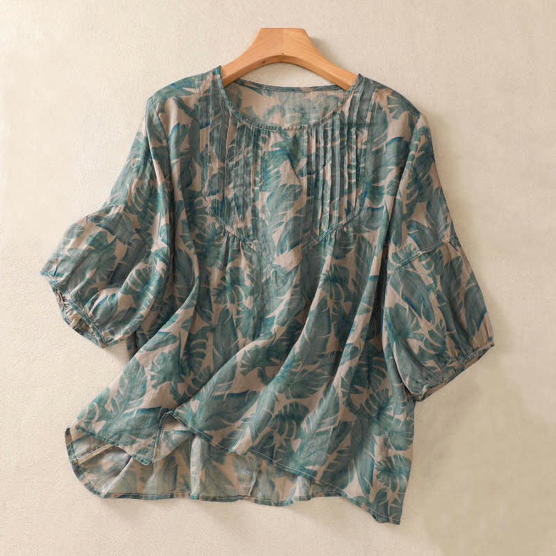 Buddha Stones 通勤用花柄クルーネックプリーツデザインパフスリーブ半袖レディースTシャツ - ミディアムシーグリーン - US8-10，UK/AU12-14，EU40-42 (2XL) - image 0