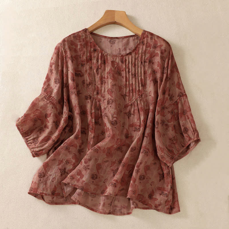 Buddha Stones 通勤用花柄クルーネックプリーツデザインパフスリーブ半袖レディースTシャツ - インディアンレッド - US8-10，UK/AU12-14，EU40-42 (2XL) - image 12