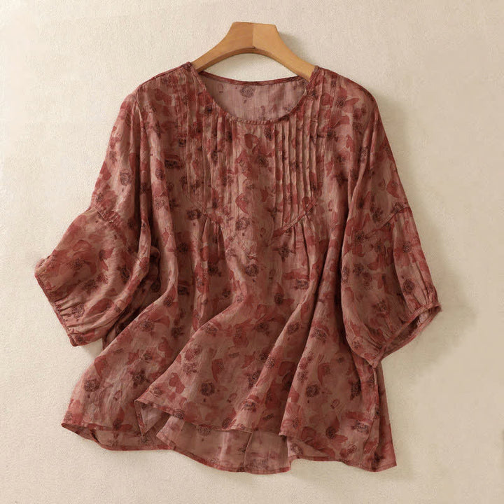 Buddha Stones 通勤用花柄クルーネックプリーツデザインパフスリーブ半袖レディースTシャツ - インディアンレッド - US8-10，UK/AU12-14，EU40-42 (2XL) - image 12