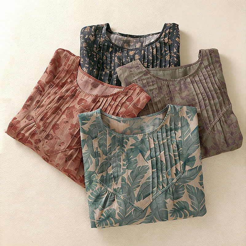 Buddha Stones 通勤用花柄クルーネックプリーツデザインパフスリーブ半袖レディースTシャツ - image 24