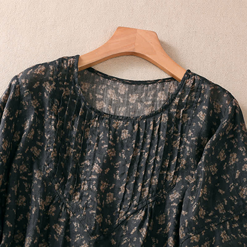 Buddha Stones 通勤用花柄クルーネックプリーツデザインパフスリーブ半袖レディースTシャツ - image 8