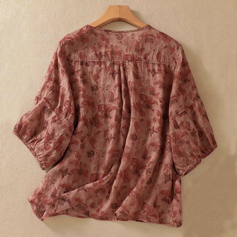 Buddha Stones 通勤用花柄クルーネックプリーツデザインパフスリーブ半袖レディースTシャツ - image 13