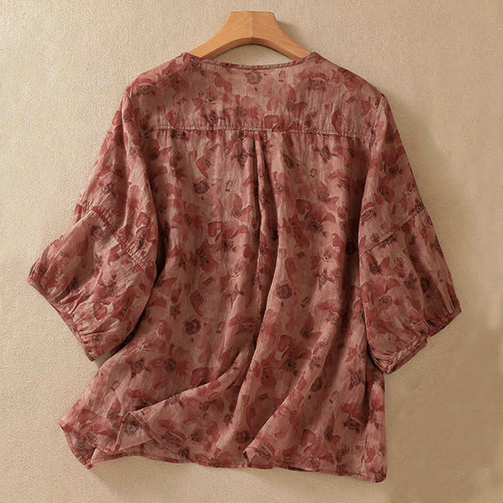 Buddha Stones 通勤用花柄クルーネックプリーツデザインパフスリーブ半袖レディースTシャツ - image 13