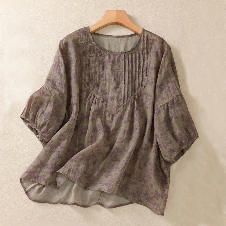 Buddha Stones 通勤用花柄クルーネックプリーツデザインパフスリーブ半袖レディースTシャツ - ロージーブラウン - US8-10，UK/AU12-14，EU40-42 (2XL) - image 19