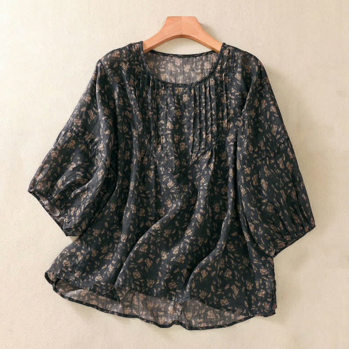 Buddha Stones 通勤用花柄クルーネックプリーツデザインパフスリーブ半袖レディースTシャツ - 黒 - US8-10，UK/AU12-14，EU40-42 (2XL) - image 7