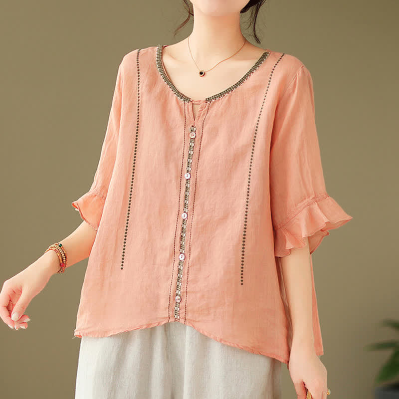 Buddha Stones 刺繍ボタン付きクルーネックフレア半袖レディースシャツ - image 21