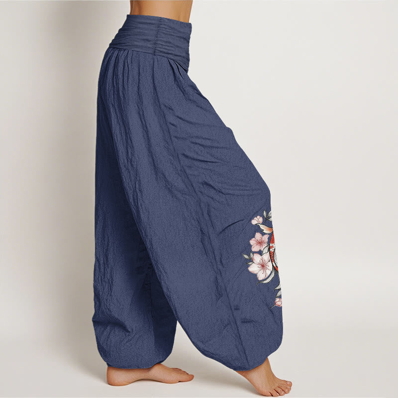 Buddha Stones コットン製鯉柄ピンク桃花模様レディースゴムウエストハーレムパンツ - image 2