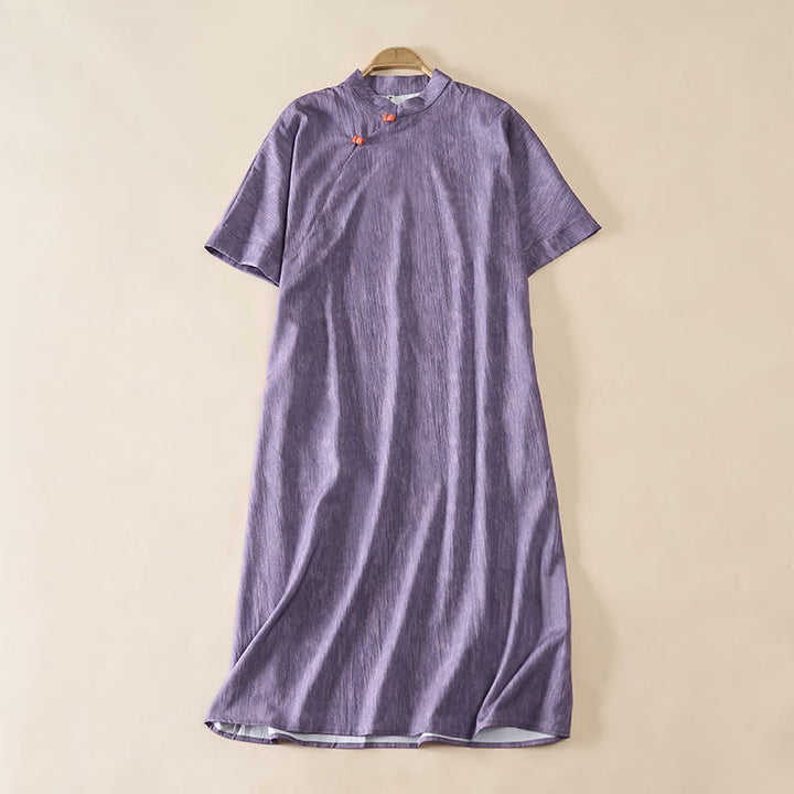 Buddha Stones 夏用クルーネック無地半袖膝下丈ワンピース - ミディアムパープル - US14、 UK/AU18、 EU46 (2XL) - image 0