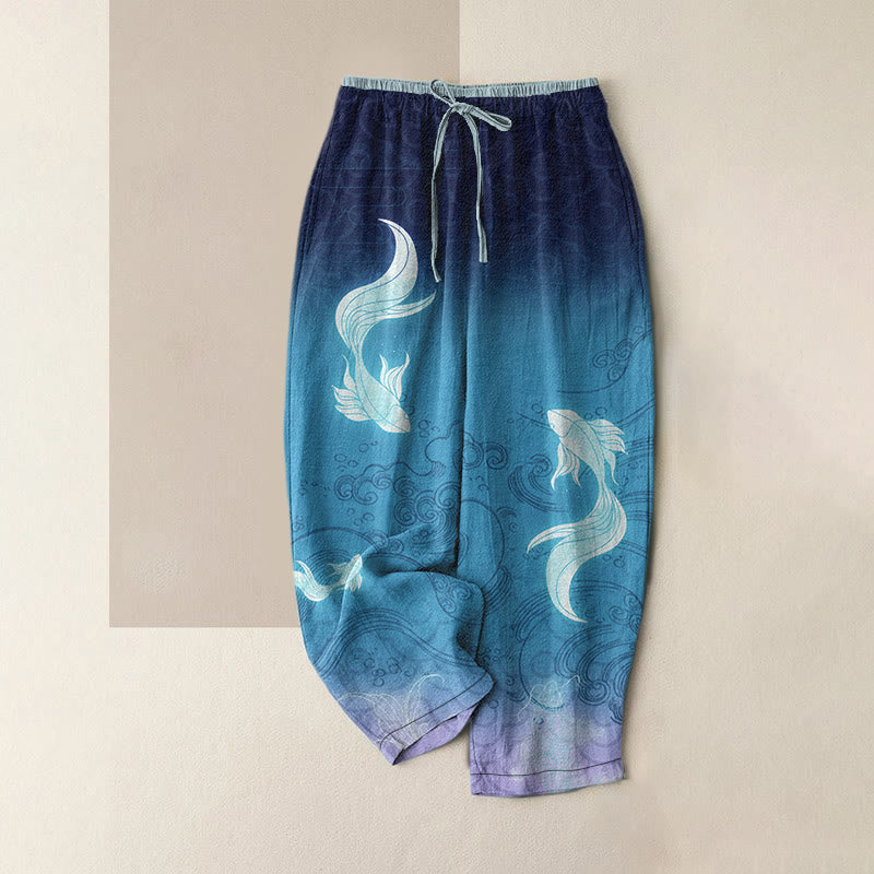 Buddha Stones 純綿素材、鯉、ポケット付きレディースパンツ - ダークブルー - US16、 UK/AU20、 EU48 (3XL) - image 0