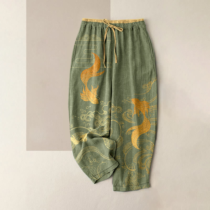 Buddha Stones 純綿素材、鯉、ポケット付きレディースパンツ - オリーブドラブ - US16、 UK/AU20、 EU48 (3XL) - image 1
