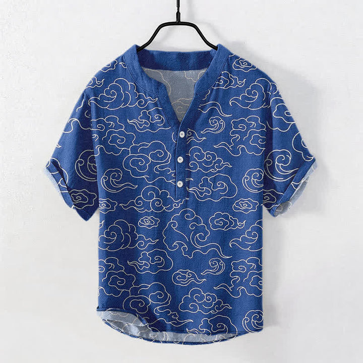 Buddha Stones コットン素材の雲柄メンズ半袖ハーフボタンシャツ - ロイヤルブルー - US/UK/AU50、EU60（5XL） - image 0