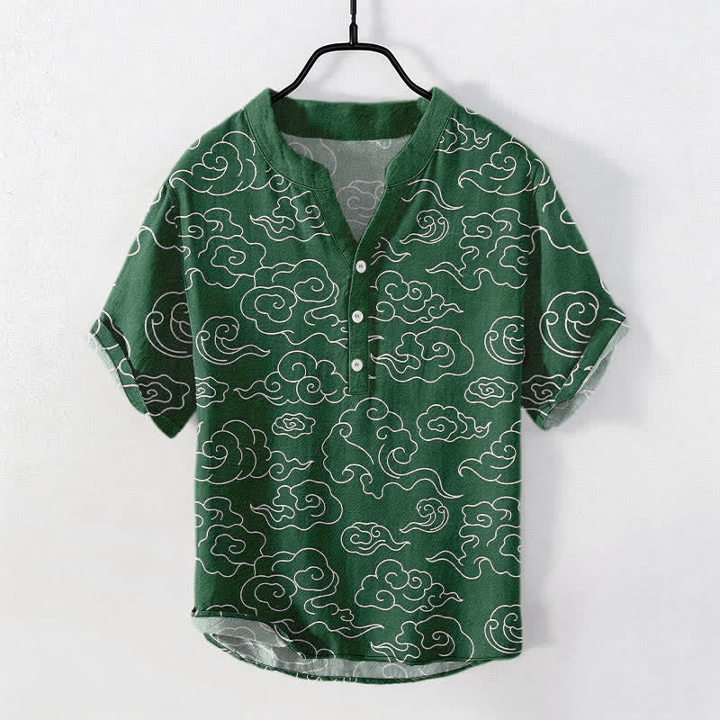 Buddha Stones コットン素材の雲柄メンズ半袖ハーフボタンシャツ - シーグリーン - US/UK/AU50、EU60（5XL） - image 5