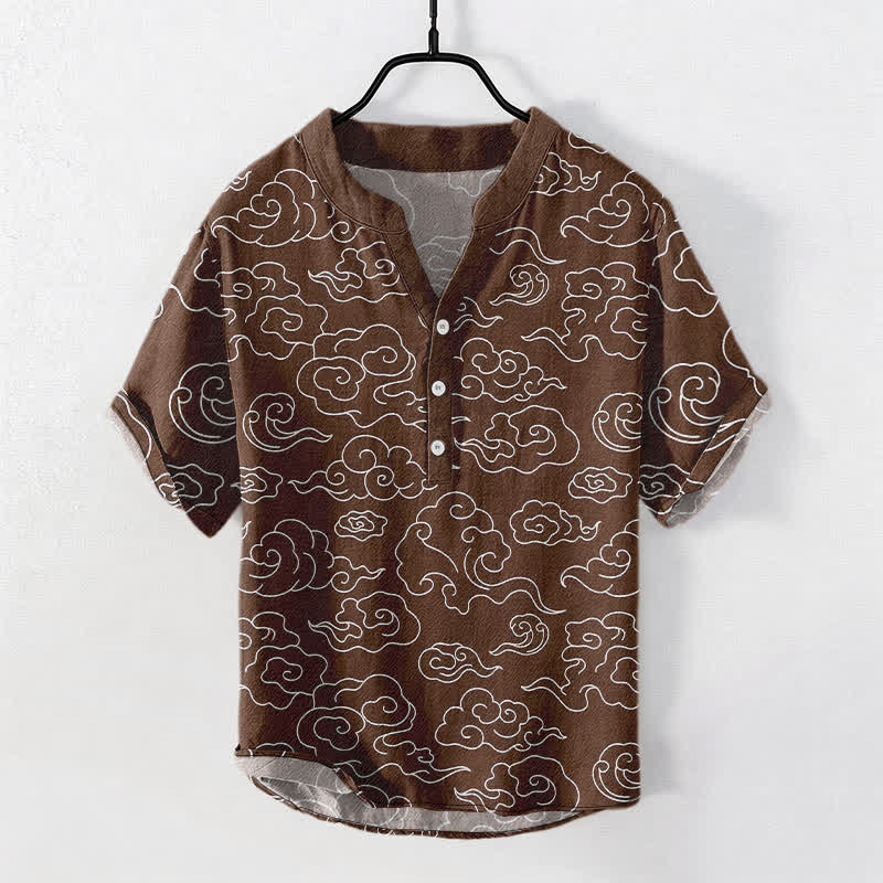 Buddha Stones コットン素材の雲柄メンズ半袖ハーフボタンシャツ - サドルブラウン - US/UK/AU50、EU60（5XL） - image 7