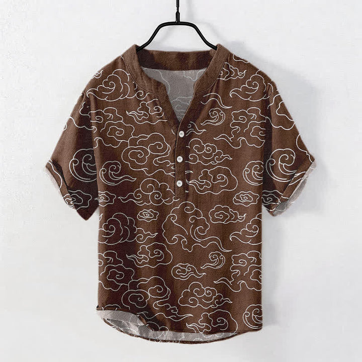 Buddha Stones コットン素材の雲柄メンズ半袖ハーフボタンシャツ - サドルブラウン - US/UK/AU50、EU60（5XL） - image 7
