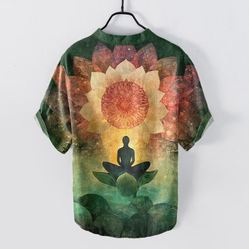Buddha Stones コットン製蓮の瞑想像柄メンズ半袖ハーフボタンシャツ - image 1