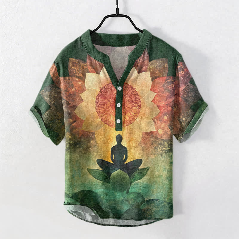 Buddha Stones コットン製蓮の瞑想像柄メンズ半袖ハーフボタンシャツ - シーグリーン - US/UK/AU50、EU60（5XL） - image 0