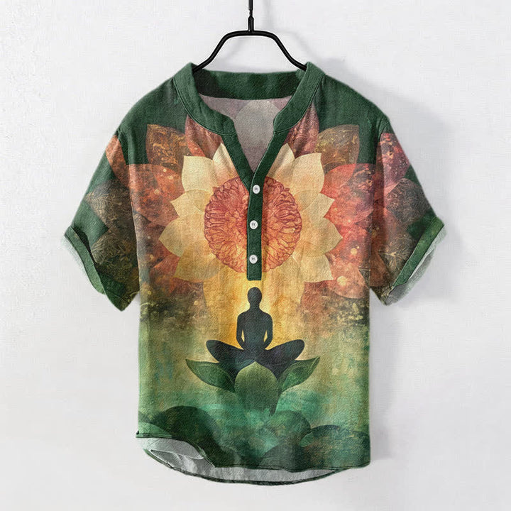 Buddha Stones コットン製蓮の瞑想像柄メンズ半袖ハーフボタンシャツ - シーグリーン - US/UK/AU50、EU60（5XL） - image 0