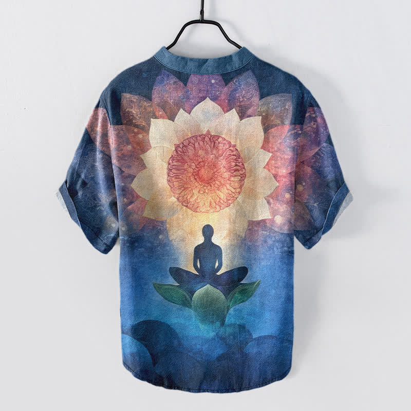 Buddha Stones コットン製蓮の瞑想像柄メンズ半袖ハーフボタンシャツ - image 6