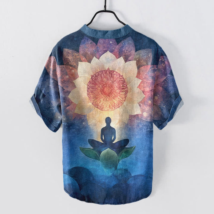 Buddha Stones コットン製蓮の瞑想像柄メンズ半袖ハーフボタンシャツ - image 6