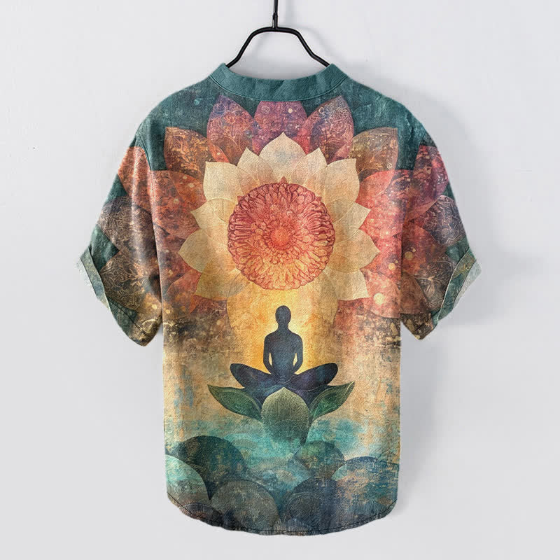 Buddha Stones コットン製蓮の瞑想像柄メンズ半袖ハーフボタンシャツ - image 8