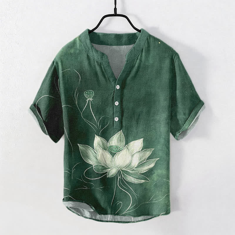 Buddha Stones コットンロータス柄メンズ半袖ハーフボタンシャツ - ミディアムシーグリーン - US/UK/AU50、EU60（5XL） - image 0