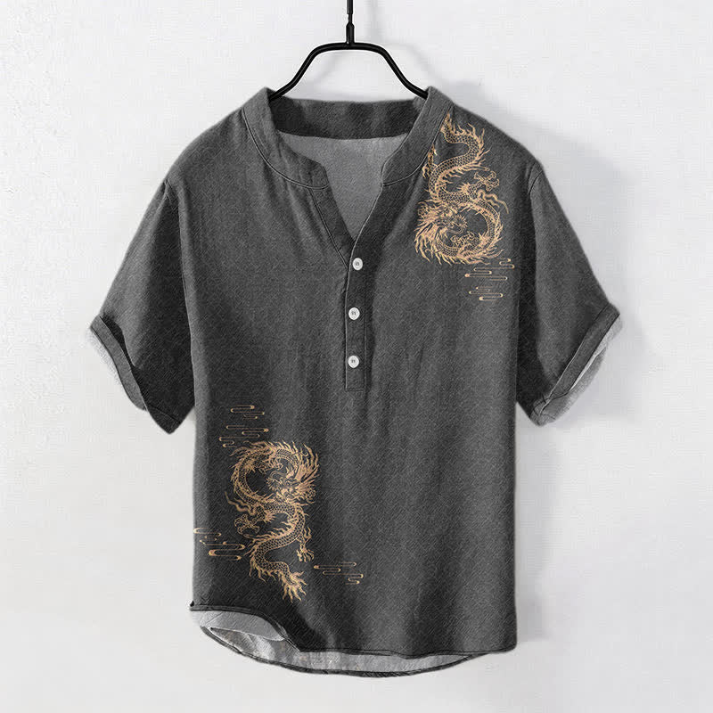 Buddha Stones コットンドラゴン メンズ 半袖ハーフボタンシャツ - image 0