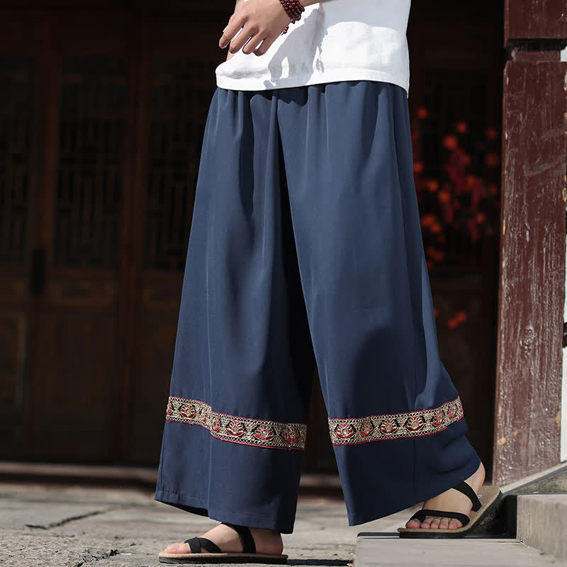 Buddha Stones 夏用コットン刺繍裾ゴムウエストメンズクロップドワイドレッグパンツ（ポケット付き） - image 0