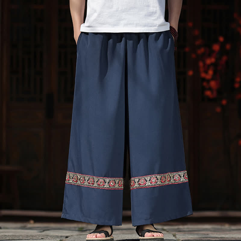Buddha Stones 夏用コットン刺繍裾ゴムウエストメンズクロップドワイドレッグパンツ（ポケット付き） - image 1