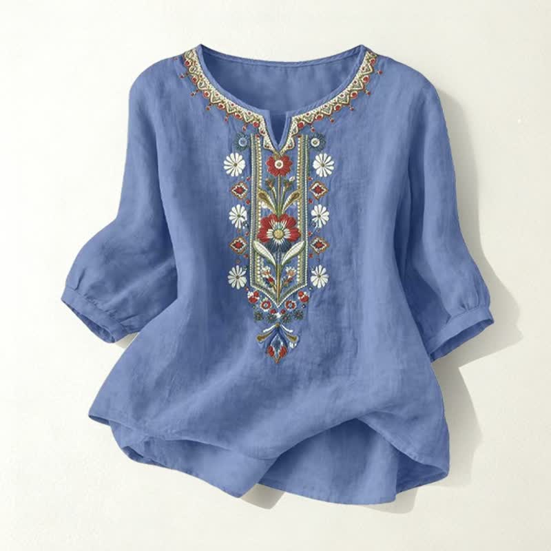 Buddha Stones春らしいボヘミアン風刺繍入り 肘丈袖 レディースTシャツ - デニムブルー - US16、 UK/AU20、 EU48 (3XL) - image 26