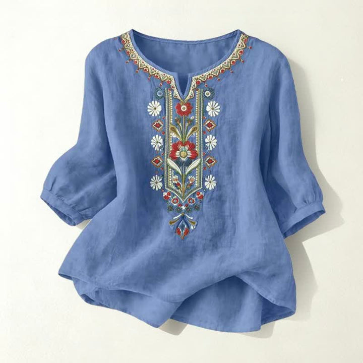 Buddha Stones春らしいボヘミアン風刺繍入り 肘丈袖 レディースTシャツ - デニムブルー - US16、 UK/AU20、 EU48 (3XL) - image 26