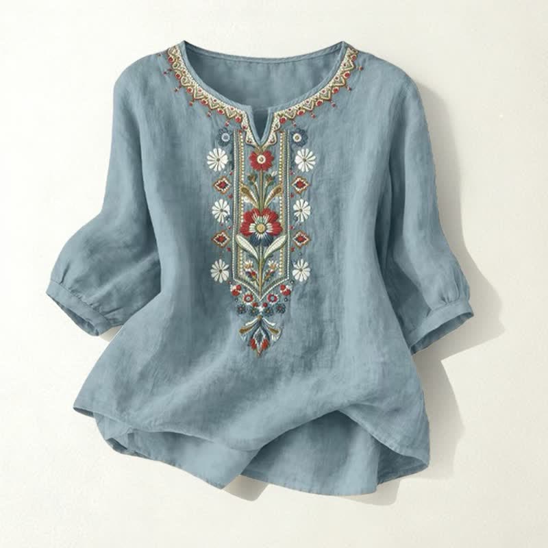 Buddha Stones春らしいボヘミアン風刺繍入り 肘丈袖 レディースTシャツ - ティール - US16、 UK/AU20、 EU48 (3XL) - image 25