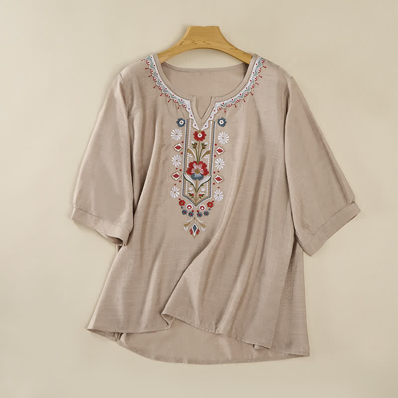 Buddha Stones春らしいボヘミアン風刺繍入り 肘丈袖 レディースTシャツ - ダークカーキ - US16、 UK/AU20、 EU48 (3XL) - image 18