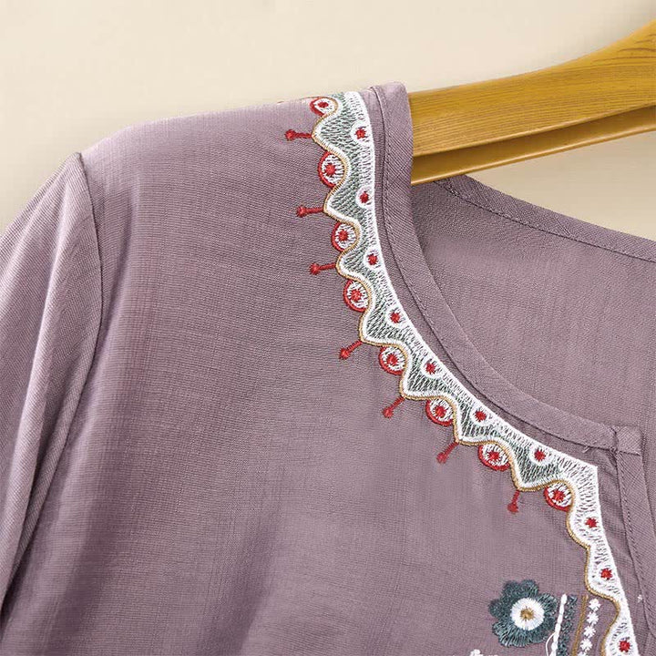 Buddha Stones春らしいボヘミアン風刺繍入り 肘丈袖 レディースTシャツ - image 10